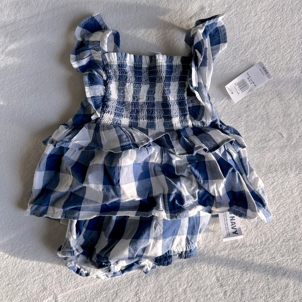 Old Navy blue gingham print 6-12 month outfit